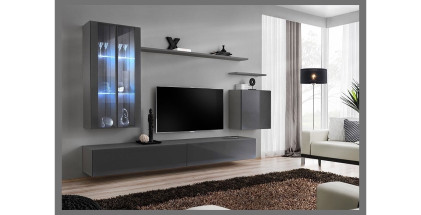 Ensemble meuble salon mural SWITCH XII design, coloris gris brillant.
