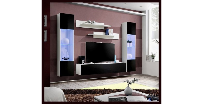 Meuble TV FLY A3 design, coloris blanc et noir brillant + LED. Meuble suspendu moderne et tendance pour votre salon