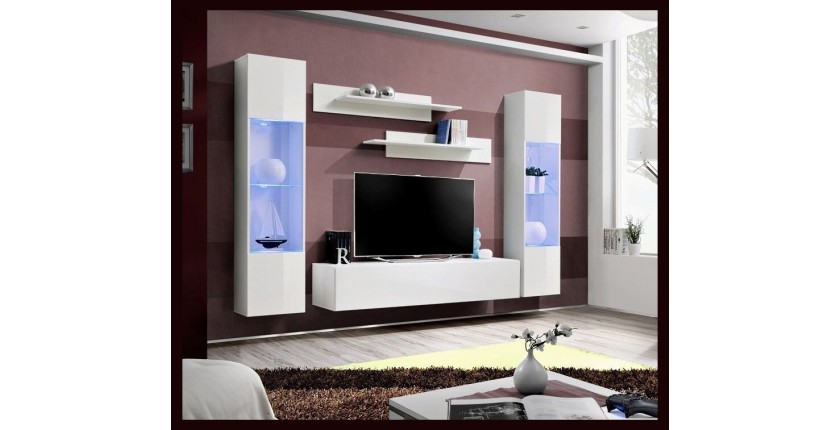 Meuble TV FLY A3 design, coloris blanc brillant + LED. Meuble suspendu moderne et tendance pour votre salon