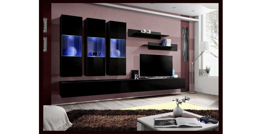 Meuble TV FLY E3 design, coloris noir brillant. Meuble suspendu moderne et tendance pour votre salon.