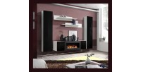 Ensemble de meubles suspendus avec cheminée décorative collection FLY M1. Coloris blanc et noir.