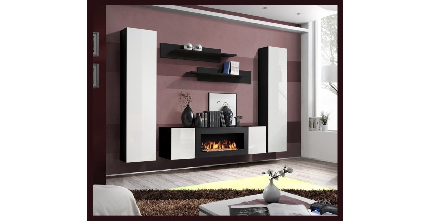 Ensemble de meubles suspendus avec cheminée décorative collection FLY M1. Coloris noir et blanc.