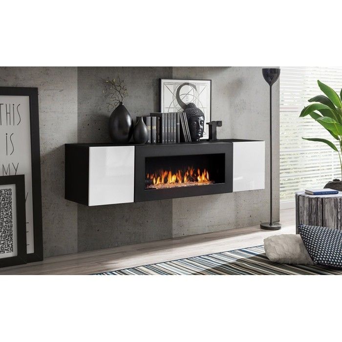 Ensemble de meubles suspendus avec cheminée décorative collection FLY M1. Coloris noir et blanc.