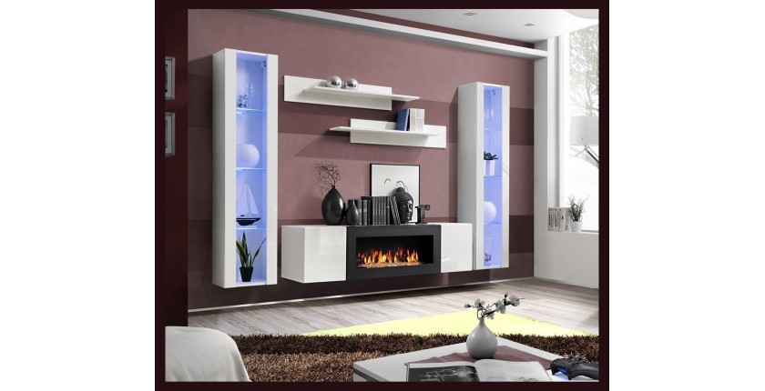 Ensemble de meubles suspendus avec cheminée décorative collection FLY M2. Coloris blanc.