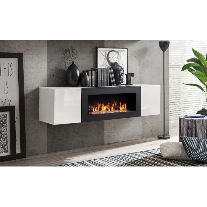 Ensemble de meubles suspendus avec cheminée décorative collection FLY M2. Coloris blanc.