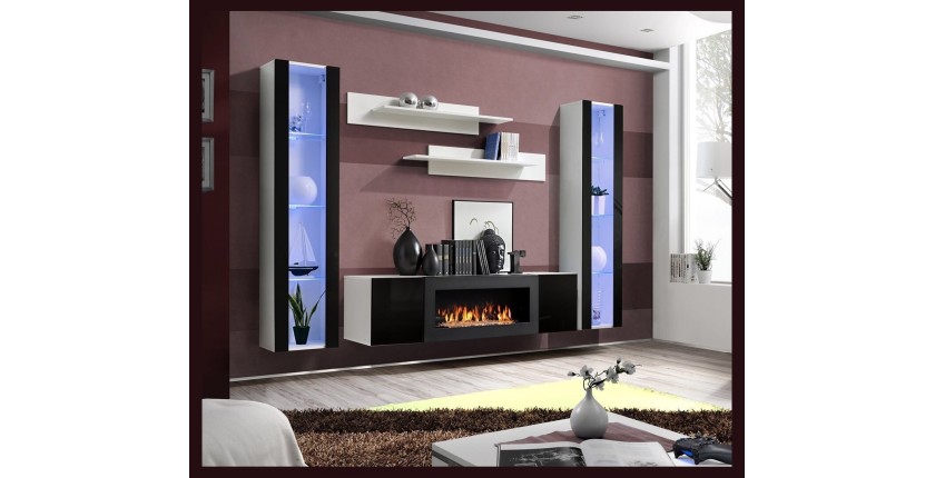 Ensemble de meubles suspendus avec cheminée décorative collection FLY M2. Coloris blanc. et noir
