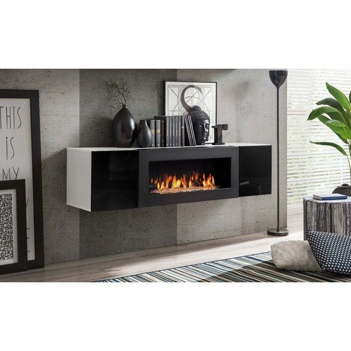 Ensemble de meubles suspendus avec cheminée décorative collection FLY M2. Coloris blanc. et noir