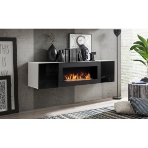 Ensemble de meubles suspendus avec cheminée décorative collection FLY M2. Coloris blanc. et noir