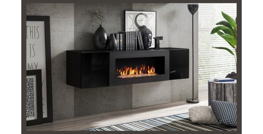 Ensemble de meubles suspendus avec cheminée décorative collection FLY M2. Coloris noir.