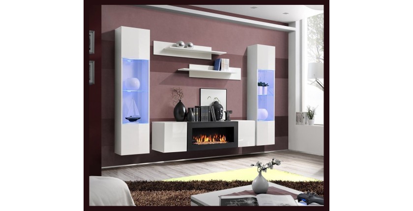 Ensemble de meubles suspendus avec cheminée décorative collection FLY M3. Coloris blanc.