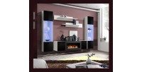 Ensemble de meubles suspendus avec cheminée décorative collection FLY M3. Coloris blanc et noir.