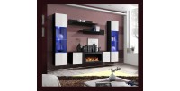 Ensemble de meubles suspendus avec cheminée décorative collection FLY M3. Coloris noir et blanc.