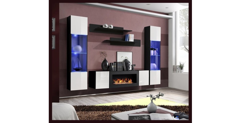 Ensemble de meubles suspendus avec cheminée décorative collection FLY M3. Coloris noir et blanc.