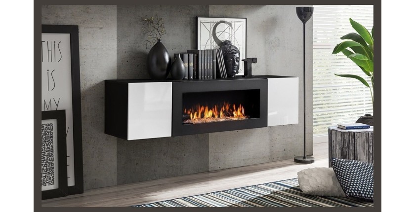 Ensemble de meubles suspendus avec cheminée décorative collection FLY M3. Coloris noir et blanc.