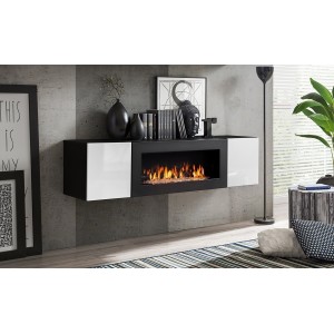 Ensemble de meubles suspendus avec cheminée décorative collection FLY M3. Coloris noir et blanc.