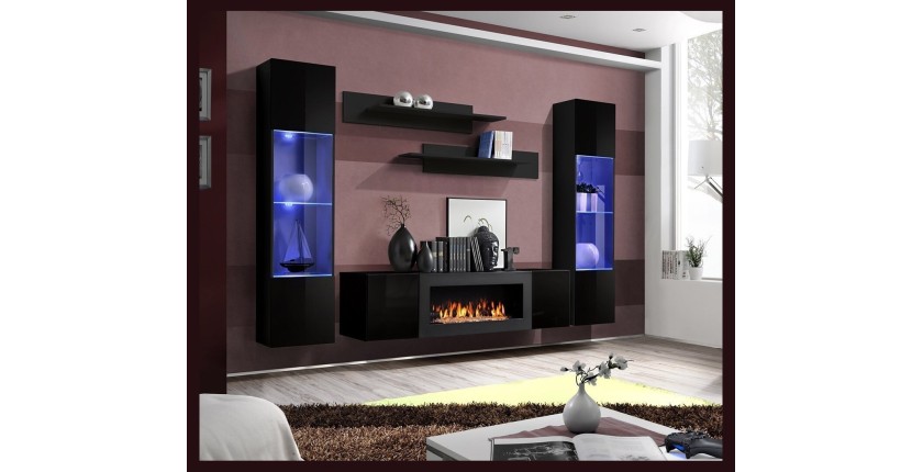 Ensemble de meubles suspendus avec cheminée décorative collection FLY M3. Coloris noir.