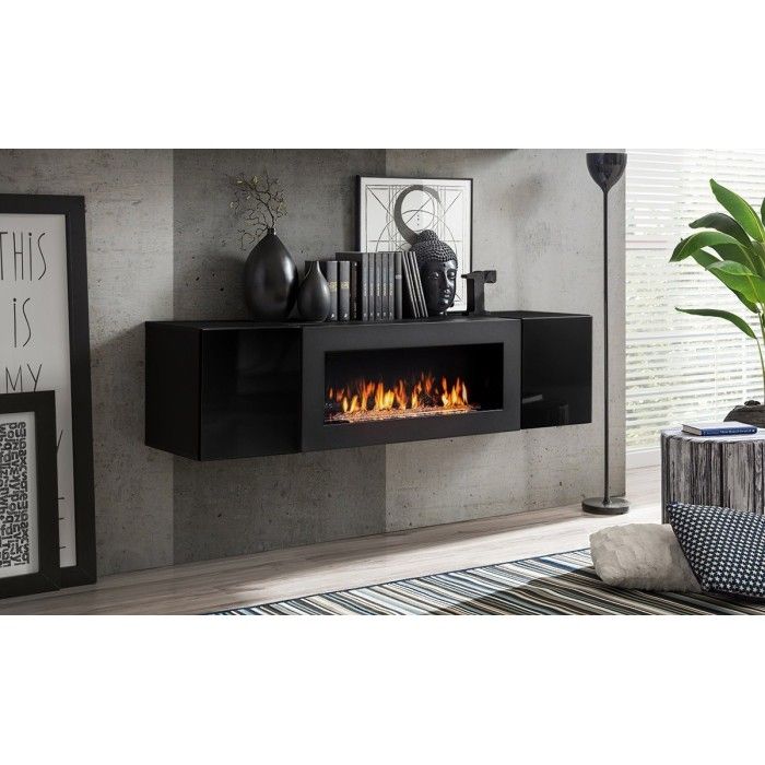 Ensemble de meubles suspendus avec cheminée décorative collection FLY M3. Coloris noir.
