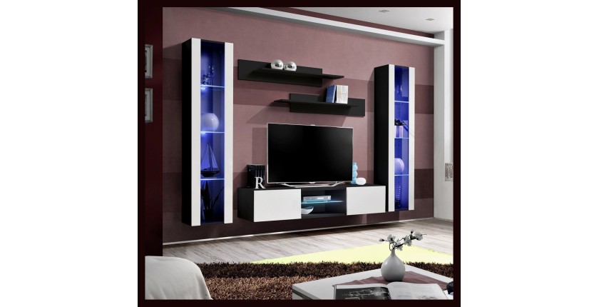 Ensemble Meuble TV FLY O2 avec LED. Coloris noir et blanc. Meuble suspendu design pour votre salon.