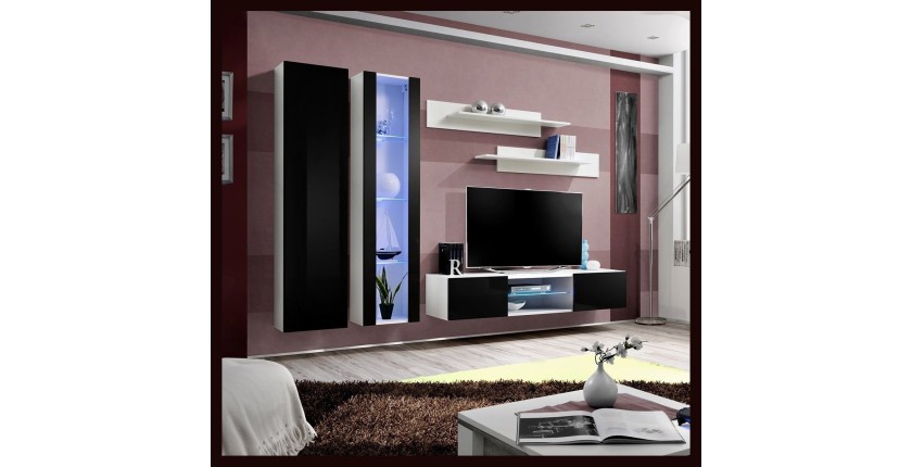 Ensemble Meuble TV FLY O4 avec LED. Coloris blanc et noir. Meuble suspendu design pour votre salon.