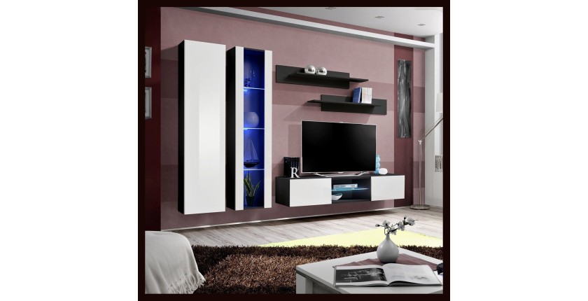 Ensemble Meuble TV FLY O4 avec LED. Coloris noir et blanc. Meuble suspendu design pour votre salon.