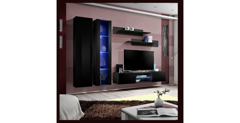 Ensemble Meuble TV FLY O4 avec LED. Coloris noir. Meuble suspendu design pour votre salon.