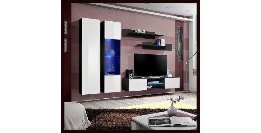 Ensemble Meuble TV FLY O5 avec LED. Coloris noir et blanc. Meuble suspendu design pour votre salon.