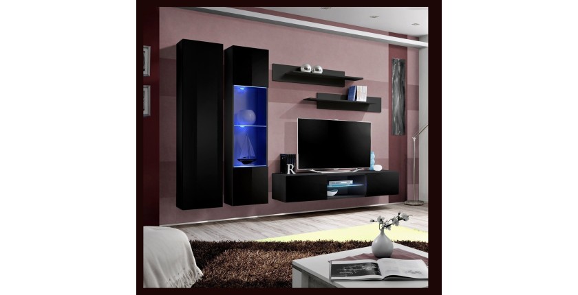 Ensemble Meuble TV FLY O5 avec LED. Coloris noir. Meuble suspendu design pour votre salon.
