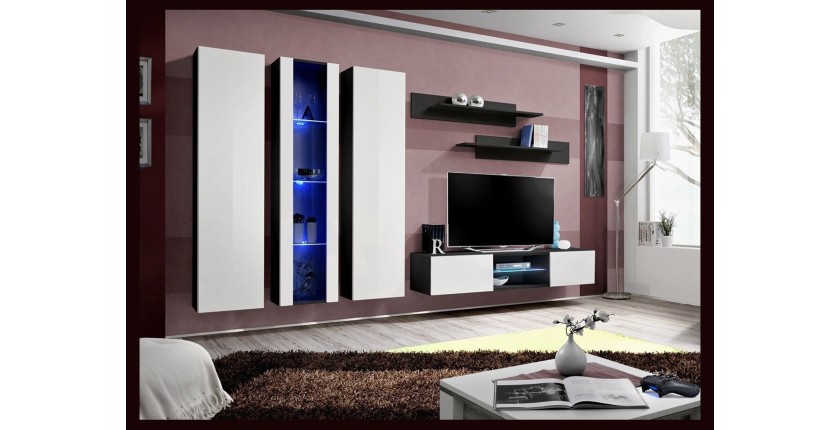 Ensemble Meuble TV FLY P4 avec LED. Coloris noir et blanc. Meubles suspendus design pour votre salon.