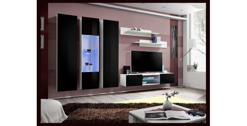 Ensemble Meuble TV FLY P5 avec LED. Coloris blanc et noir. Meubles suspendus design pour votre salon.