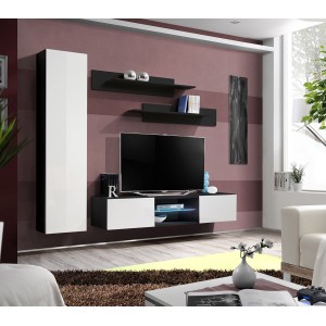 Ensemble Meuble TV FLY R1 avec LED. Coloris noir et blanc. Meuble suspendu design pour votre salon.