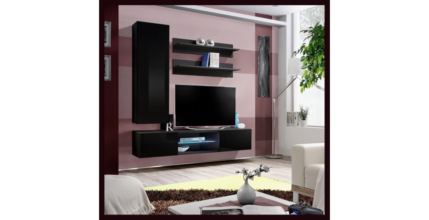 Ensemble Meuble TV FLY S1 avec LED. Coloris noir. Meuble suspendu design pour votre salon.