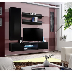 Ensemble Meuble TV FLY S1 avec LED. Coloris noir. Meuble suspendu design pour votre salon.