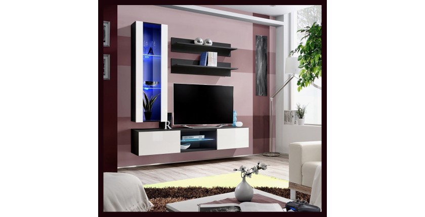 Ensemble Meuble TV FLY S2 avec LED. Coloris noir et blanc. Meuble suspendu design pour votre salon.