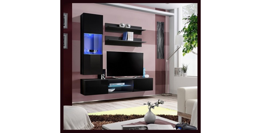 Ensemble Meuble TV FLY S3 avec LED. Coloris noir. Meuble suspendu design pour votre salon.