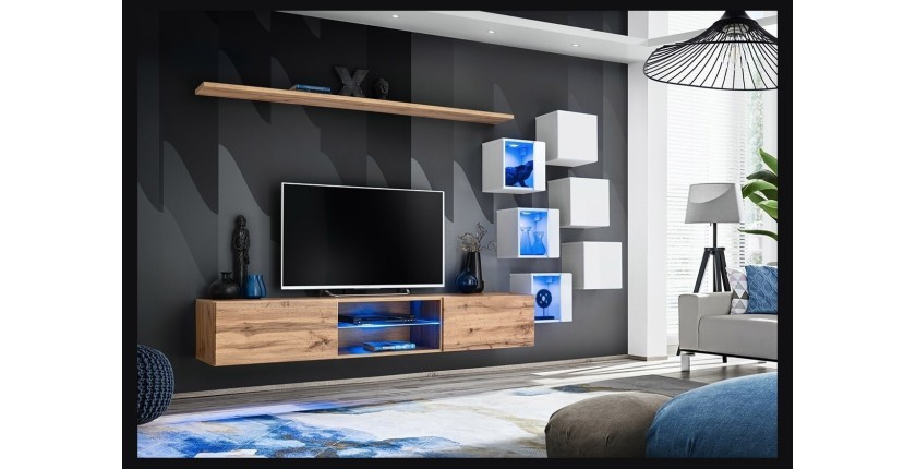 Ensemble meubles de salon SWITCH XXI design, coloris chêne et blanc.