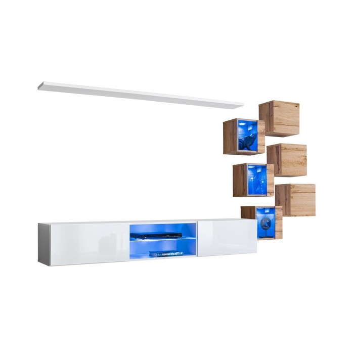 Ensemble meubles de salon SWITCH XXI design, coloris blanc et chêne.