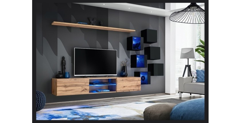 Ensemble meubles de salon SWITCH XXI design, coloris chêne et noir.