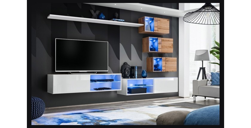 Ensemble meubles de salon SWITCH XXIV design, coloris blanc et chêne.