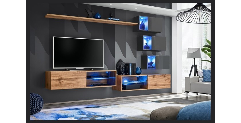 Ensemble meubles de salon SWITCH XXIV design, coloris chêne et gris.