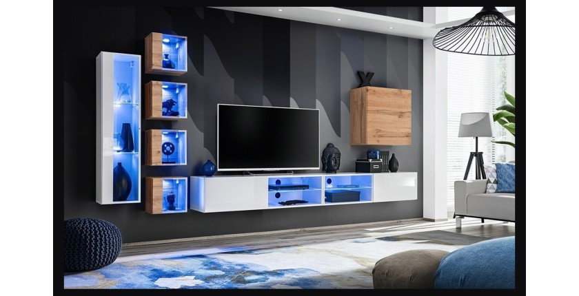 Ensemble meubles de salon SWITCH XXVI design, coloris blanc et chêne.