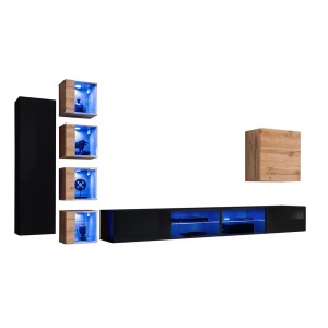 Ensemble meubles de salon SWITCH XXVI design, coloris noir et chêne.