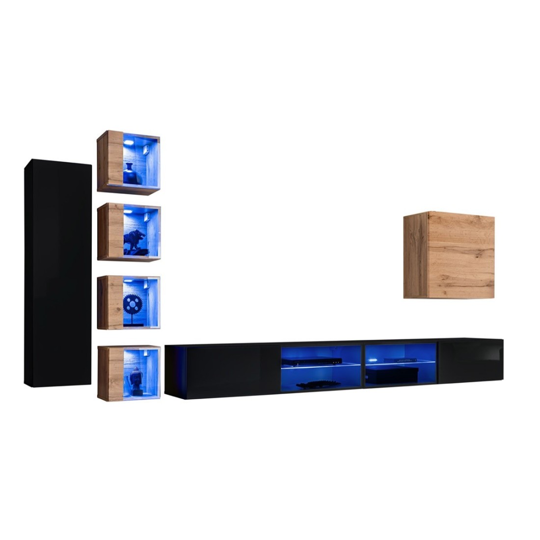 Ensemble meubles de salon SWITCH XXVI design, coloris noir et chêne.
