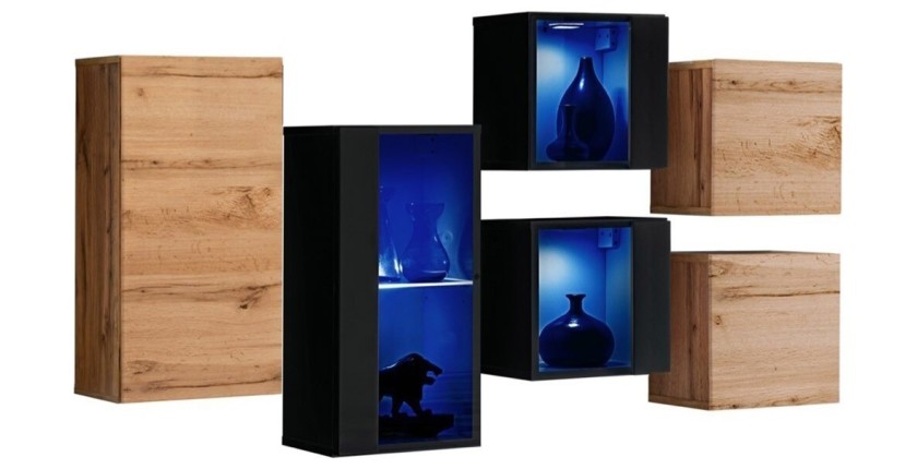Ensemble meubles de salon SWITCH SBIV design. Coloris chêne et noir.