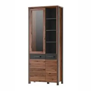 Vitrine collection WINDSOR. Coloris chêne foncé et gris anthracite.