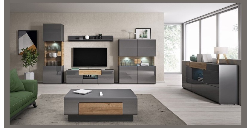 Vitrine collection  OHIO. Couleur gris anthracite et chêne. LED incluses