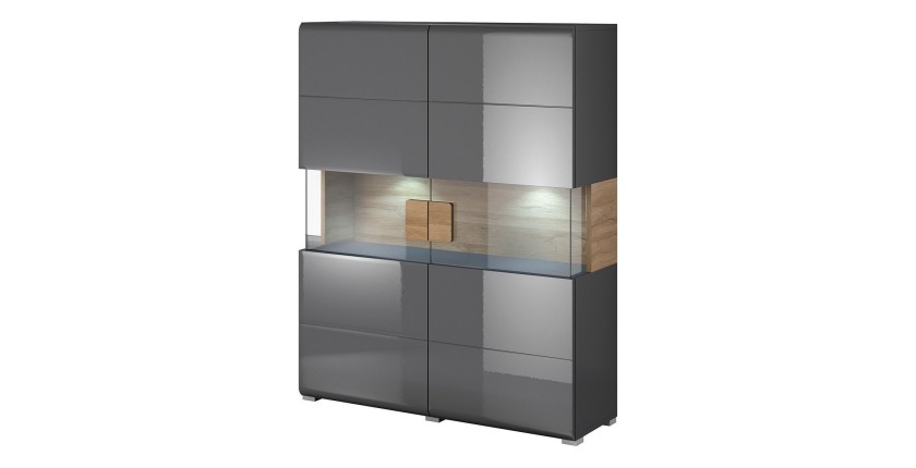 Vitrine double portes collection OHIO. Couleur gris anthracite et chêne. LED incluses
