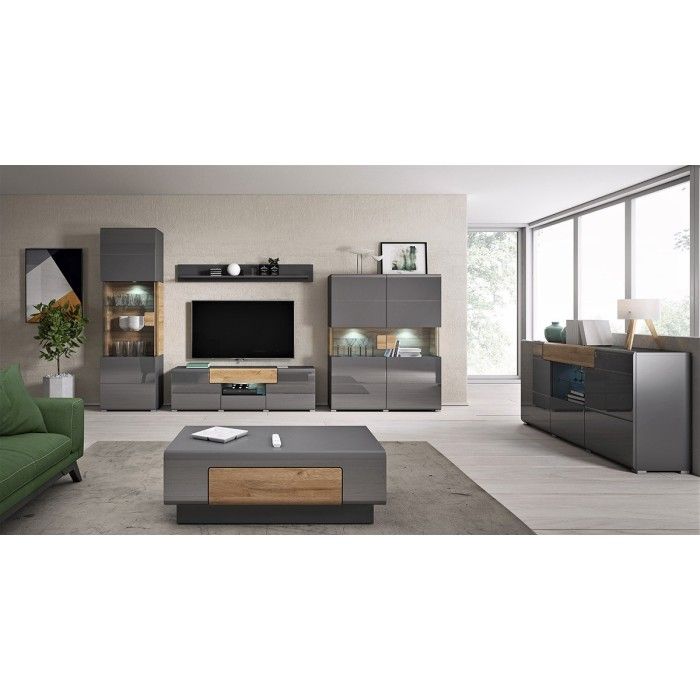 Vitrine double portes collection OHIO. Couleur gris anthracite et chêne. LED incluses