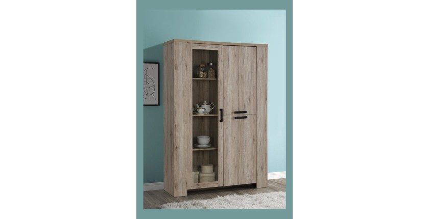 Vitrine trois portes style rustique collection VERMONT coloris chêne.