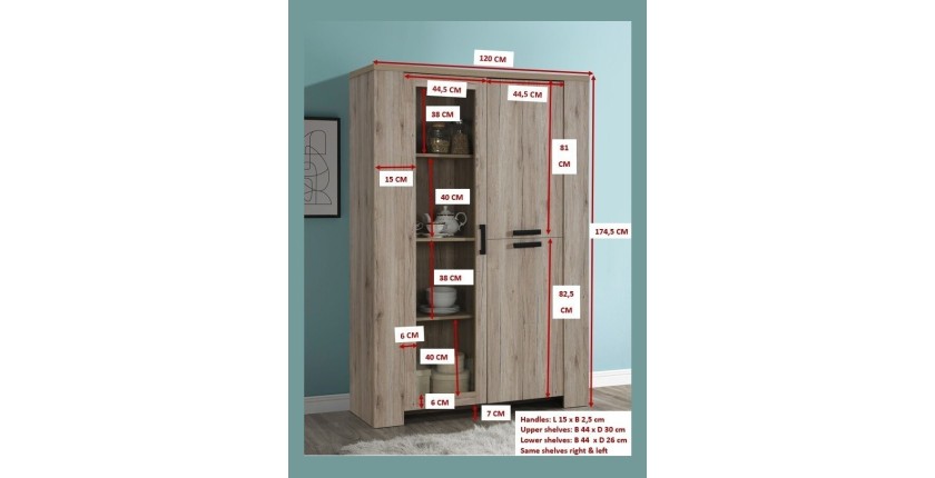Vitrine trois portes style rustique collection VERMONT coloris chêne.
