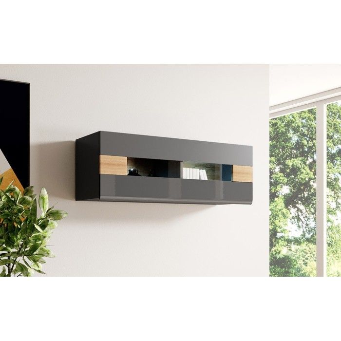 Vitrine suspendue horizontale collection OHIO coloris gris anthracite et chêne.